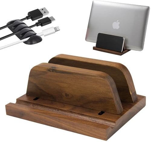 APEXLEAP Vertical Laptop Stand Wood, Wooden Adjustable Laptop Holder Desk, Walnut, 2 Slot, Double, Upright Laptop Holder, MacBook Stand, Dock, Desktop Organizer, Fits MacBook, Other Laptops, Phone