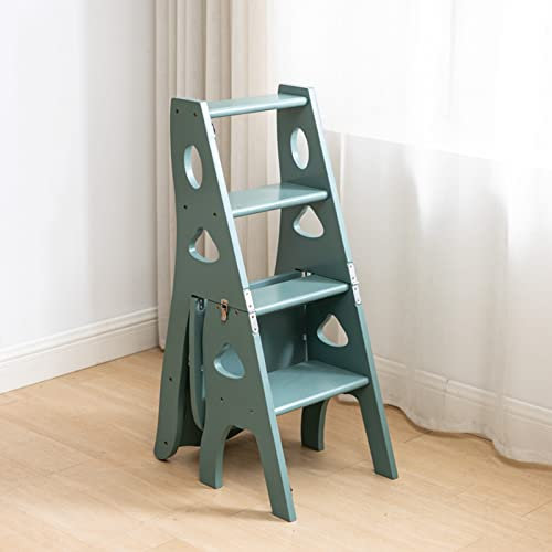 Wooden Ladder Chair Multifunction Wooden Folding Step Ladder Chair，Portable Folding Heavy Duty Anti-Slip Stepladder Multifunction Library Steps Bookshelf Plant Stand - Blue-green