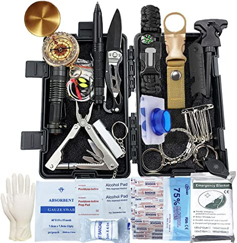 Survival Kit, 63 in 1 Professionelles Notfall Survival Kit, Survival Ausrüstung für Outdoor Camping, Bushcraft, Wandern