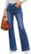 Roskiky Pantalon évasé pour femme, taille haute, jambes larges, baggy, jean, stretch, bleu foncé, M