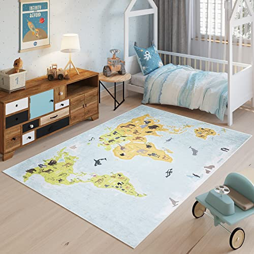 TAPISO Emma Teppich Waschbar bei 30 Grad Weltkarte Bunt Kontinente bedruckter Kinderteppich Antirutsch Kinderzimmer Jugendzimmer Modern ÖKO-TEX 120 x 170 cm