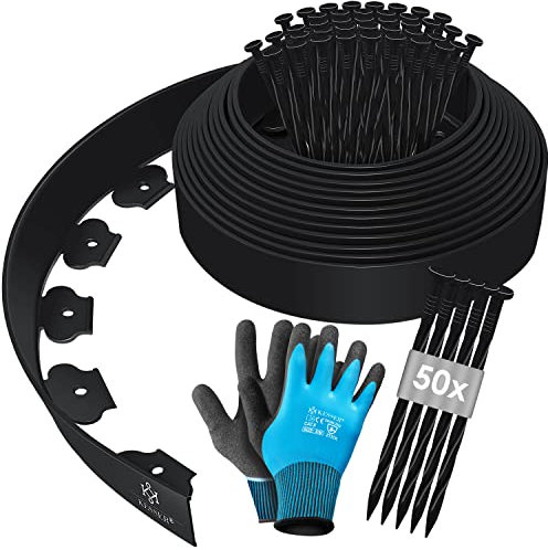 KESSER® Flexible Rasenkante aus Kunststoff Länge 10m Höhe 5cm, mit 65 Erdanker + 1 Paar Handschuhe Beeteinfassung Beetumrandung Beetbegrenzung Mähkante Pflastersteine Palisade - Schwarz