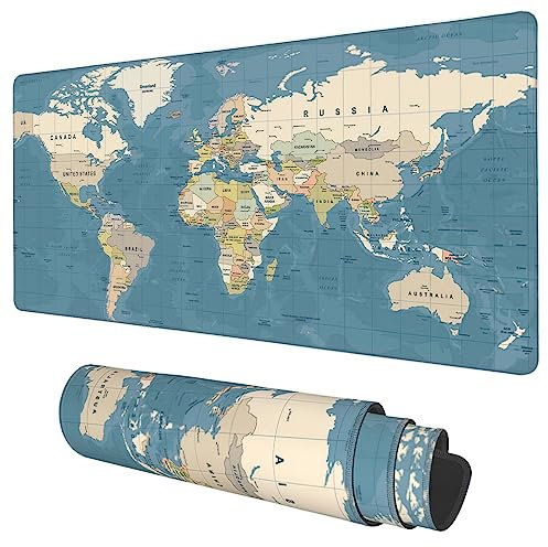 Schreibtischunterlage, blaue Vintage-Weltkarte, erweitertes Gaming-Mauspad, groß, 89,9 x 40,9 cm, großes Mauspad mit rutschfester Unterseite und genähtem Rand, lange Computer-Tastatur, Mauspad für