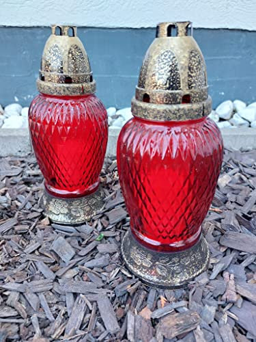 Grabkerze Trauerlicht 2er Set rot Gedenkkerze Grablampe Glas Friedhof ca. 25cm hoch