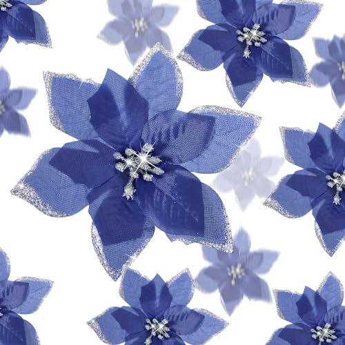 36 Pcs 3 Size Christmas Poinsettia Christmas Tree Flowers Glitter Faux Flowers Decoration Artificial Poinsettia Ornaments For Christmas New Year Home Outdoor Decoration (Navy Blue,3/ 4/ 6 Inch)