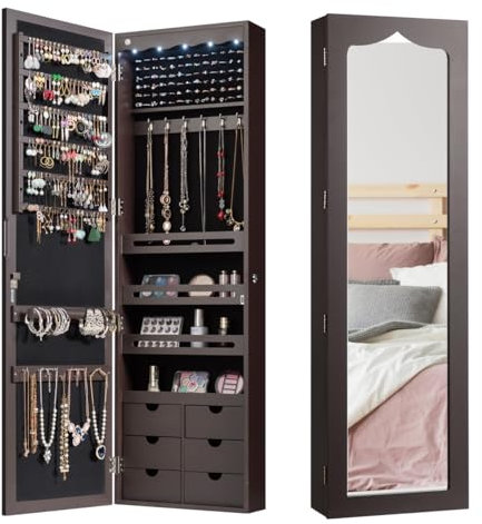 HOMASIS Schmuckschrank mit LED-Lichtern & Spiegel, Spiegelschrank mit 6 Schubladen, Wandspiegel Türspiegel mit Schloss, 36,5 x 11,5 x 120 cm (Braun)