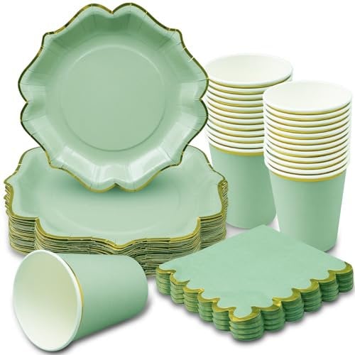 144 Pcs Green Party Dinnerware Set, Disposable Paper Plates with Napkins and Cups, Green and Gold Party Supplies for Baby Shower Wedding Birthday Graduation Party - 48 Guests