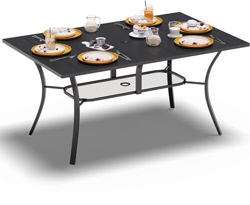 YITAHOME Garden Dining Table, 150x96cm Patio Table with 4cm Umbrella Hole, Rectangular Outdoor Patio Dining Table E-Coating, All-Metal Outdoor Dining Table Ideal for Backyard Garden Lawn, Black