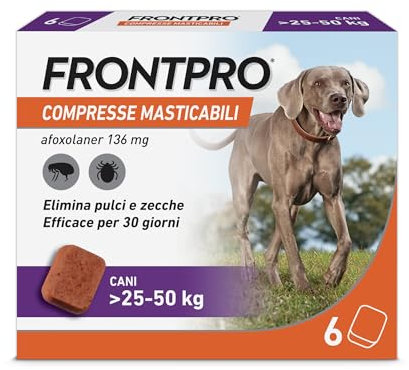 FRONTPRO 6 Compresse Masticabili Antiparassitario per Cani di Peso > 25-50 kg Protegge da Pulci Zecca Uova e Larve Antipulci in Confezione da 6 Compresse da 136 mg di Afoxolaner