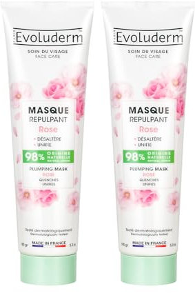 EVOLUDERM - Masque Repulpant Rose - 150 ml - 98% d’Origine Naturelle - Végan - Fabrication Française - Lot de 2 x 150 ml