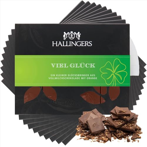 Hallingers Genuss Manufaktur Schokolade Glückwunsch-Geschenk - Tafel Edelkakao handgeschöpft ohne Alkohol edler Karton 10x Viel Glück Orange, Geschenkidee für Frauen Männer
