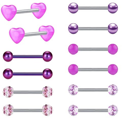 LAURITAMI 6 Paar Zungenpiercing Brustwarzenpiercing Edelstahl 1.6mm 14mm Stab Barbell Piercing Zunge Brustwarze Nippel Bars