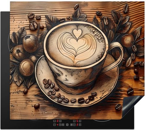 KitchenYeah© Herdabdeckplatte 60x52 cm Einteilig Küche Herdabdeckung Induktionsfeld Ceranfeld Herdabdeckplatten Vinyl Matte Aufrollbar Kaffee - Vintage - Braun - Tasse - Holz