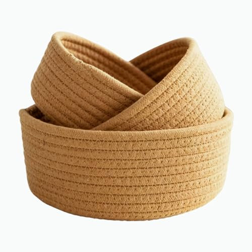 Viusneun 3er Set Aufbewahrungskorb Geflochten Baumwollseil, Stapelbare Speicher Storage Körbchen Badezimmer Wickeltisch Zubehör Aufbewahrung Baske für Kinderzimmer Wohnzimmer Schlafzimmer (Gelb)