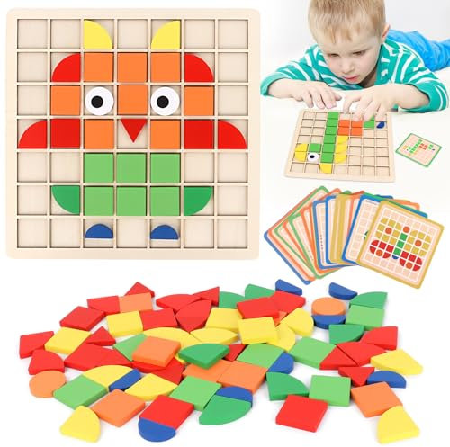 MXTIMWAN Montessori Spielzeug ab 3 4 5 6 Jahre, 120PCS Holz Mosaik Puzzle mit 20 Beidseitige Karten, Kinder Geometrische Formen Holzpuzzles für Mädchen, Jungen