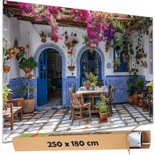 TRIOSK Sichtschutz Garten Deko Zaun Plane Blickdicht groß mit Zaunblende Motiv Gartenterrasse Landhaus Mediterran für Zaunelement Doppelstabmatten Stabmattenzaun Gartenzaun PVC 250x180 cm