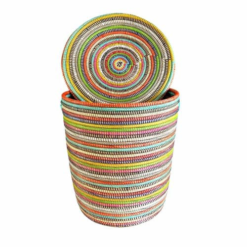 Wäschekorb Afrika - S/M/L/XL/XXL - Das Original aus dem Senegal - Afrikanischer Flechtkorb mit Deckel - Fair Trade Korb für Bade- / Wohn- & Kinderzimmer (Flachdeckel Stripes Bunt, L)