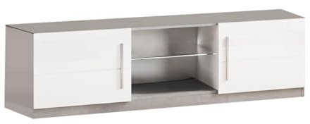 AltoBuy Clark - Meuble TV 2 Portes Moderne Laqué Blanc et Marbre avec LEDs