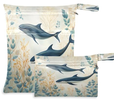 Ewusp Wet Dry Bags for Baby Cloth Cute Whale Waterproof Reusable Wet Bags with 2 Zippered Pockets for Travel Beach Pool Stroller Gym Swimsuits Wet Clothes (2 Pack)