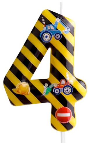 Geburtstagskerzen, Zahl 4, Gelb / Schwarz, gestreift, Bauthema, 4. Geburtstag, Party, für Mädchen, Jungen, Geburtstag, Tortenaufsatz, Abschlussfeier, Jahrestag, Dekorationen