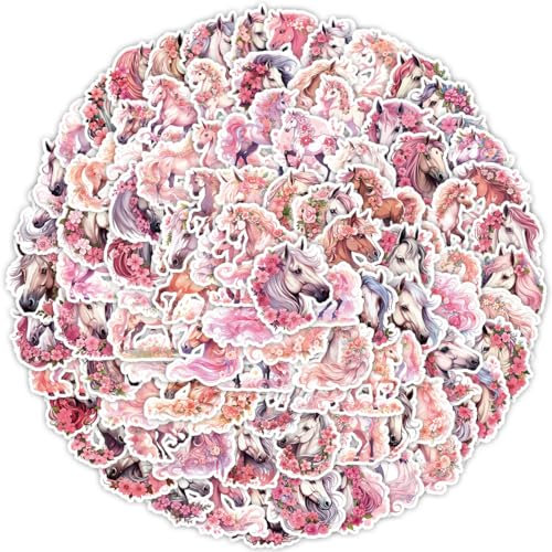 100Stück Blumen und Pferde Aufkleber für Stoßstange,Motorrad,Koffer,Gepäck,Kühlschrank,Laptop, Fahrrad,Rosa Pferde Vinyl Wasserdicht Aufkleber Kinder Geschenk,Tier Niedliche Cartoon Graffiti Sticker