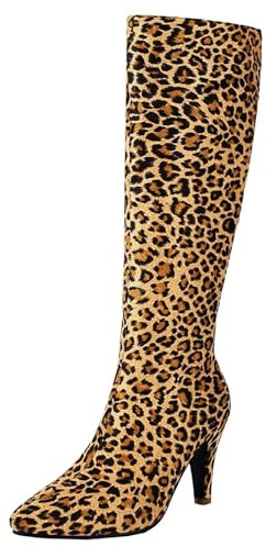 HSyc JRX Stivali alti al ginocchio da donna in velluto con tacco a spillo, leopardo, 35 EU