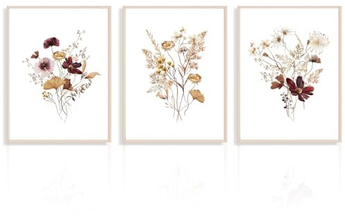 Dazzlewall 3 Stück Boho Blumen Wandbilder, Aquarell Rustikale Wildblumen Leinwand Bilder für Schlafzimmer Wohnzimmer Dekor 30x40 cm Ungerahmt
