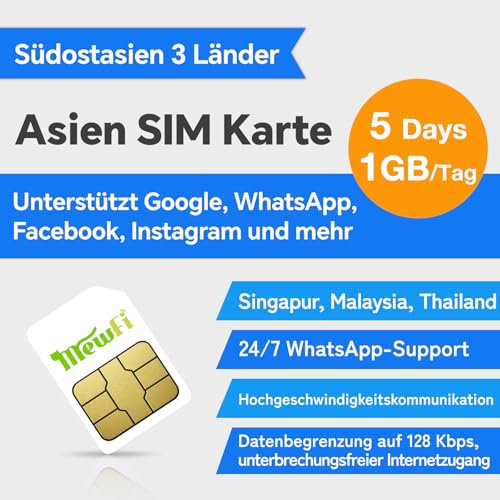 Mewfi Asien SIM-Karte für Singapur, Malaysia und Thailand – 5 Tage 1GB/Tag, 4G Hochgeschwindigkeitskommunikationsnetzwerk, Google Twitter Ins etc., Einfache Aktivierung, 24/7 Whatsapp-Support