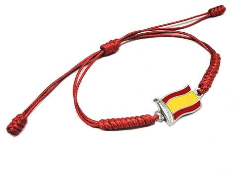 EKONAT JOYERIA PERSONALIZADA Pulsera España- Pulsera España hombre- Pulseras banderas de España- Pulseras Bandera de España - pulsera de acero y de hilo encerado rojo y negro ajustable (ROJA)
