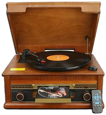 Retro Vintage Wooden Record Player,Vinyl Record Player Bluetooth with USB Digital Radio Remote Control Vintage Turntable,3 Speed Vinyl With CD Player, FM Radio, AUX IN And Line Out