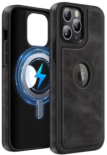 MOBESV Lederhülle mit Logo-Ansicht für iPhone 11 Pro Max 6,5 Zoll, Magnetisch Handyhülle kompatibel mit MagSafe, Dünn Klassische Elegant Hülle, Schwarz