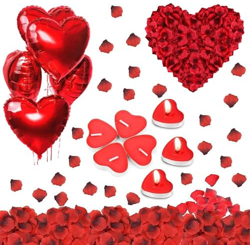 5PCS Ballons Coeur Rouges, Bougies Romantiques et Pétales, Ballons décoratifs de Saint-Valentin, Lot de 1000 pétales de rose, Romantique Décorations Set pour Mariage, Saint Valentin et Fiançailles