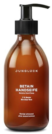 JUNGLÜCK Betain Handseife - Vegan | Feuchtigkeitsspendendes, hautschonendes Handwaschgel pH-hautneutral, auch bei sehr empfindlicher Haut verträglich, mit BIO Aloe Vera - milde Flüssigseife ohne Duft