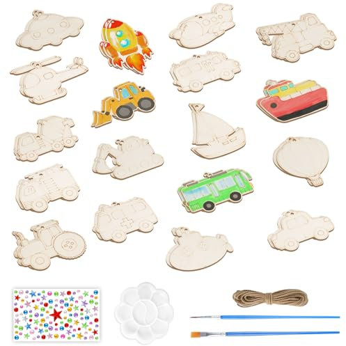 Orizizhic 41 Stück Bastelset für Kinder, Auto Holzigkeit DIY Geburtstag Basteln Kinder mit Aufkleber Malerei Zubehör Deko Schnur Bastelset Kindergeburtstag für Feiertagsgeschenke Ostern