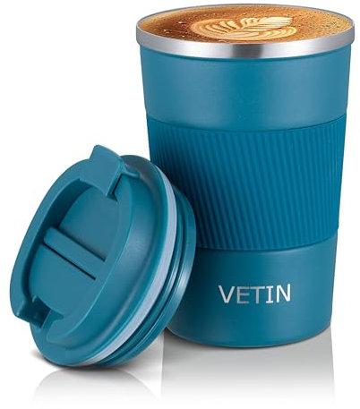 VETIN Termos Caffè 380 ml in Acciaio Inox 304, Tazza Termica Caffè a Doppia Parete Sottovuoto, Thermos Caffe da Viaggio con Coperchio Ermetico e Base Antiscivolo