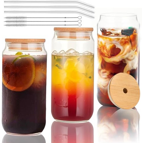 3 Verres Matcha - Verre avec Paille - Verre avec Couvercle et Paille, 550 ml, Couvercle Bambou, Paille et Brossette, Verre Borosilicate, pour Café Glacé, Cocktails et Whisky