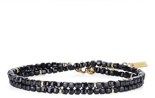 GAVU Kristall Doppelreih-Armband mit 3 mm facettierten schwarzen Turmalin Perlen Glücksarmband für Damen