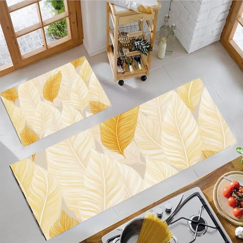 GDJSMIN 2 Stück Küchenteppich Minimalistischer Stil Waschbar rutschfest Küchenläufer Gelbe Federlinie Küche Bodenmatte Läufer Teppich (44×70Cm+44×120Cm)