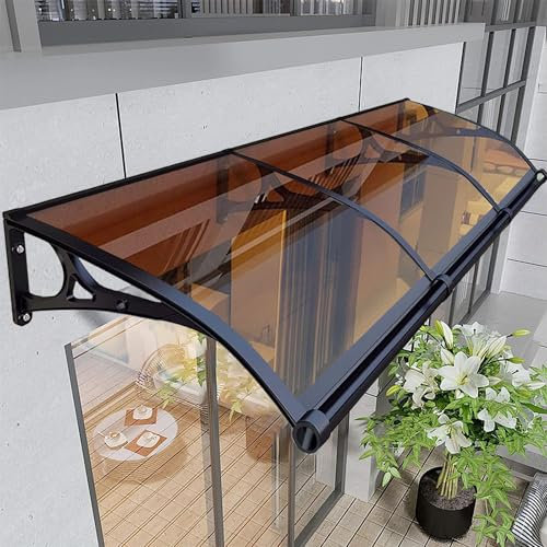 Large Aluminium Door Canopy 100x440cm, Modern UV & Rain Protection with Polycarbonate Cover, Weatherproof Brown Awning for Entrance, Stylish Outdoor Shelter