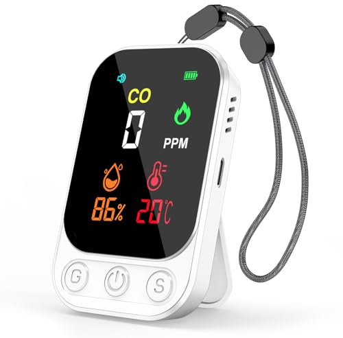 RealPlus 3-in-1 CO Detektor – Mini Kohlenmonoxid-, Temperatur- und Luftfeuchtigkeitsmesser mit 80 dB Alarm, Wiederaufladbar, Tragbar, mit Kickstand und Befestigungsloch für Zuhause, Reisen und Arbeit
