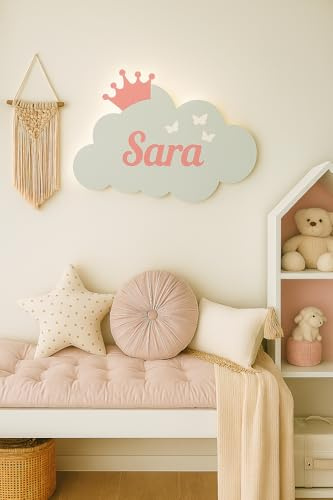 Placa Nombre Infantil Personalizada en Madera – Decoración Pared Niños Bebé – Nube con Luna y Estrellas – Ideal para Habitación Regalo Nacimiento o Baby Shower niño niña (Nube Princesa)