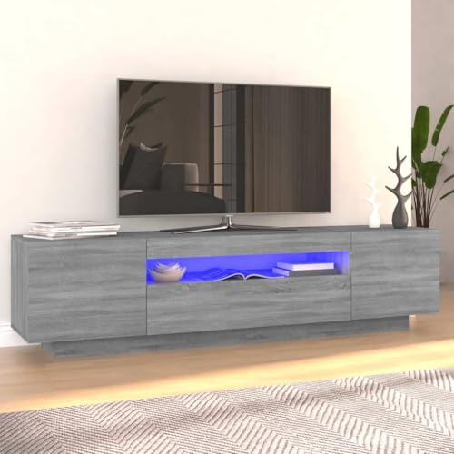 ACAGALA TV-Schrank mit LED, Lowboard Sideboard Fernsehschrank mit Offenen Stauraum und 3 Türen, Fernsehtisch für Wohnzimmer, 160x35x40 cm, Grau Sonoma
