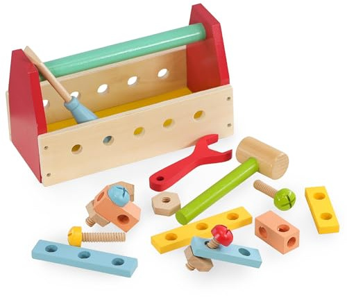 The Magic Toy Shop Wooden Kids Tool Set - 17 Pcs Kids Tool Box with Accessories, Building & Construction Toys, Toddler Activities, Early Learning & Development for Toddlers, Boys & Girls 18 Months+