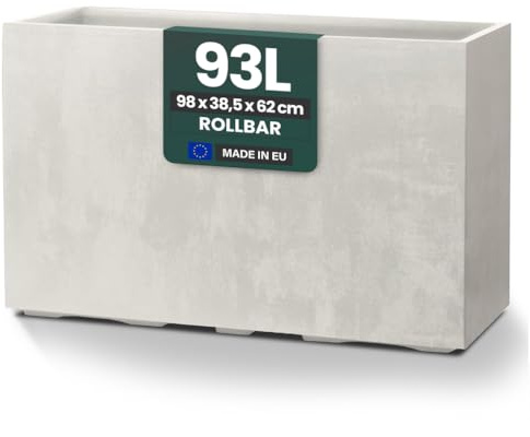Kreher® XXL Sichtschutz Pflanzkasten hoch 93L - 98x38,5x62 cm - doppelwandig & rollbar, mit Entwässerungsstopfen - wetterfest - Naturstein Optik - in Creme Weiß