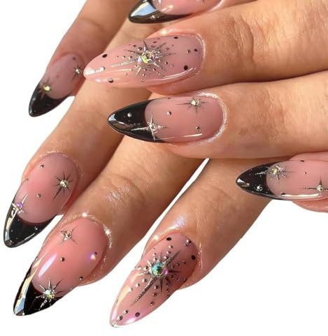 24Pcs Almond False Nails Black Press on Nails with 3D Star | Press on nails almond black 3D star design,12 sizes,full cover,flexible,comfortable Includes glue tabs file,Easy 1-min apply