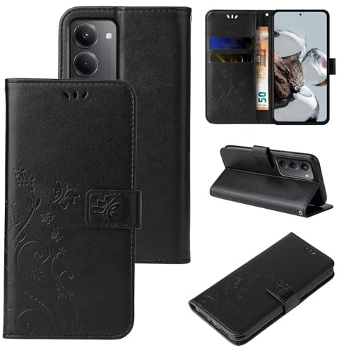 LBH Handy Hülle für Xiaomi Redmi 15/15 5G Case Handytasche Schmetterling Blumen Flower Standfunktion Schutzhülle Magnet Rundum Schutz 360 Grad Flipcase Cover Schwarz