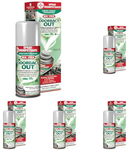 MAFRA, Odorbact Out Green Forest, Disinfetta e Deodora il Sistema di Climatizzazione e l'Abitacolo dell'Auto, Elimina Cattivi Odori, 150 ml (Confezione da 5)