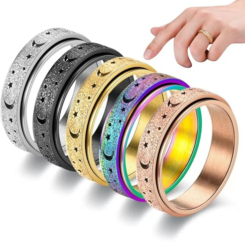ZXTGBQ 5 Pcs Ansiedad Anillos,Vintage Estrella Luna Giratorios Anillos set de aleación para Mujer Hombres, Estrés Ansiedad Aliviar Antiansiedad Boda Anillo Compromiso, Diámetro 19,9 mm