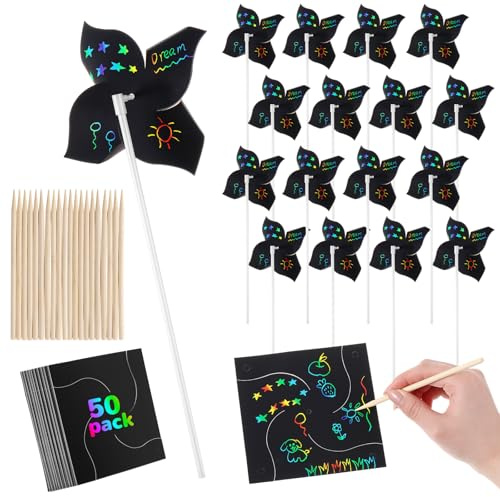 Motipuns 50 Pack Scratch Pinwheels for Kids DIY Scratch Paper Pinwheels Bulk Summer Craft Kits Rainbow Paper Windmill for Spring Girl Boy School Students Classroom Group Art Activity Birthday Party