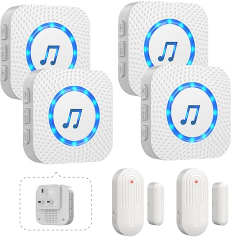 SANJIE Wireless Door Open Alarm Sensor Chime,4 UK Plug-in Receiver 2 Sensor | 500FT Operating Range 55 Ringtones 5 Volume Level with LED Indicator,Door Alarm for Home Store Office Security When Opens